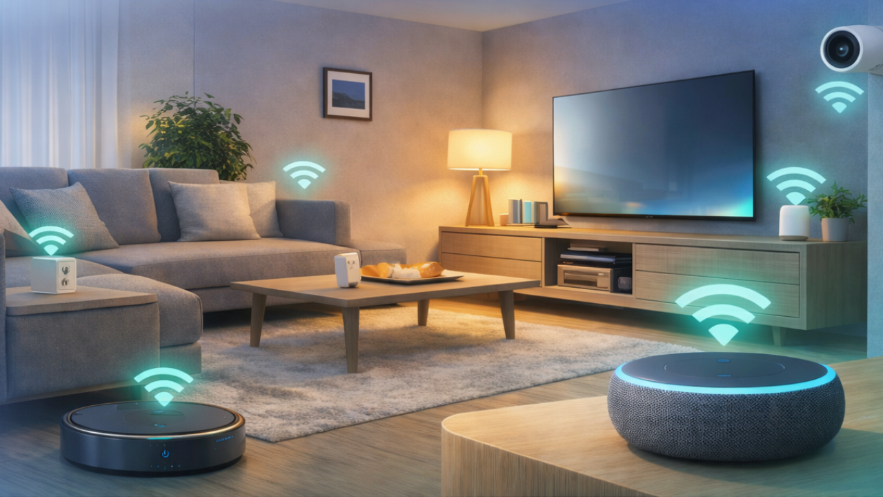 Ambiente de casa inteligente com assistente virtual, aspirador robô, câmera de segurança e dispositivos conectados via Wi-Fi
